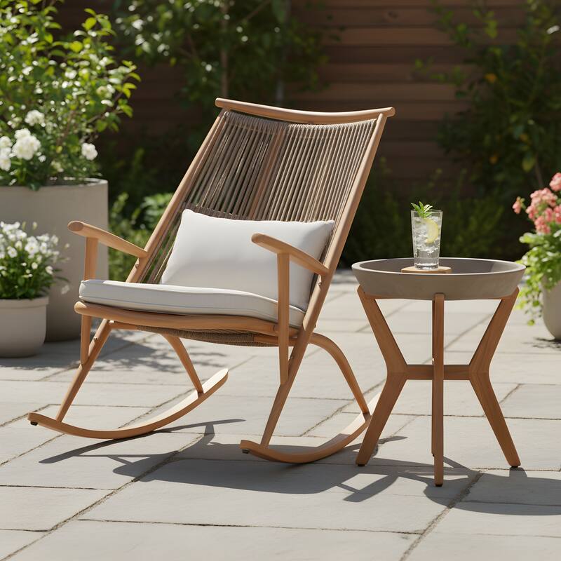 Christopher Knight Home - Calloway Outdoor Faux Rattan Contoured Rocking Chair Set with Lightweight Concrete Side Table - Teak Finish+Beige Cushion - 2-Piece Set