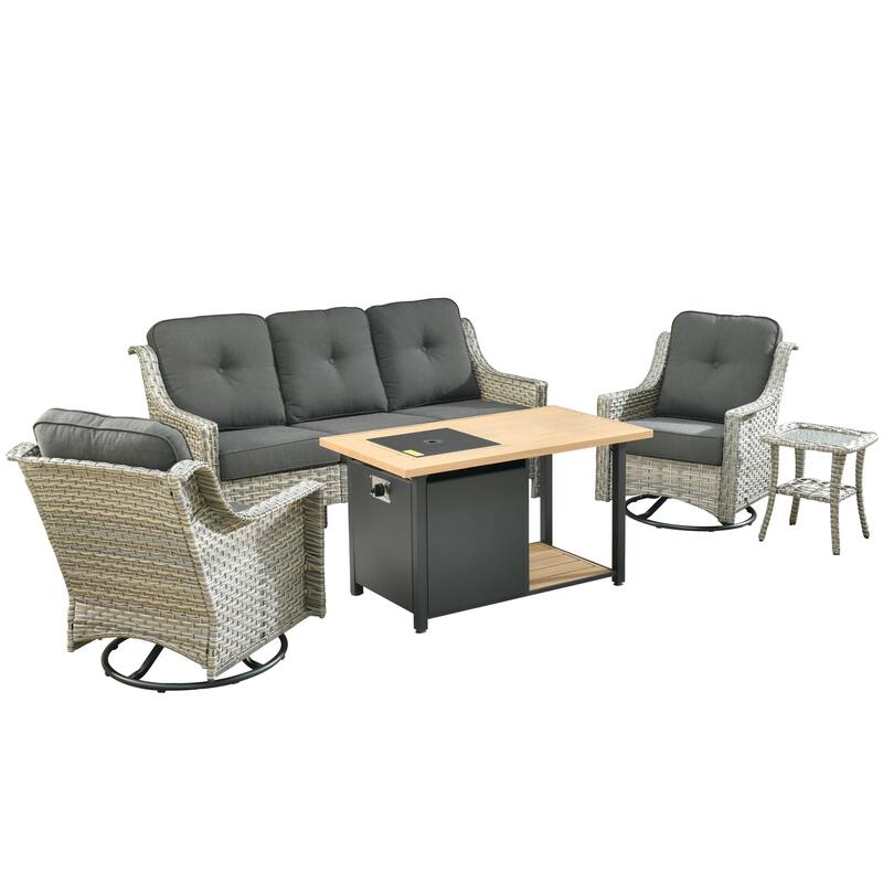 XIZZI 5-piece Patio Furniture Wicker Swivel Rocking Chair Set with Fire Pit