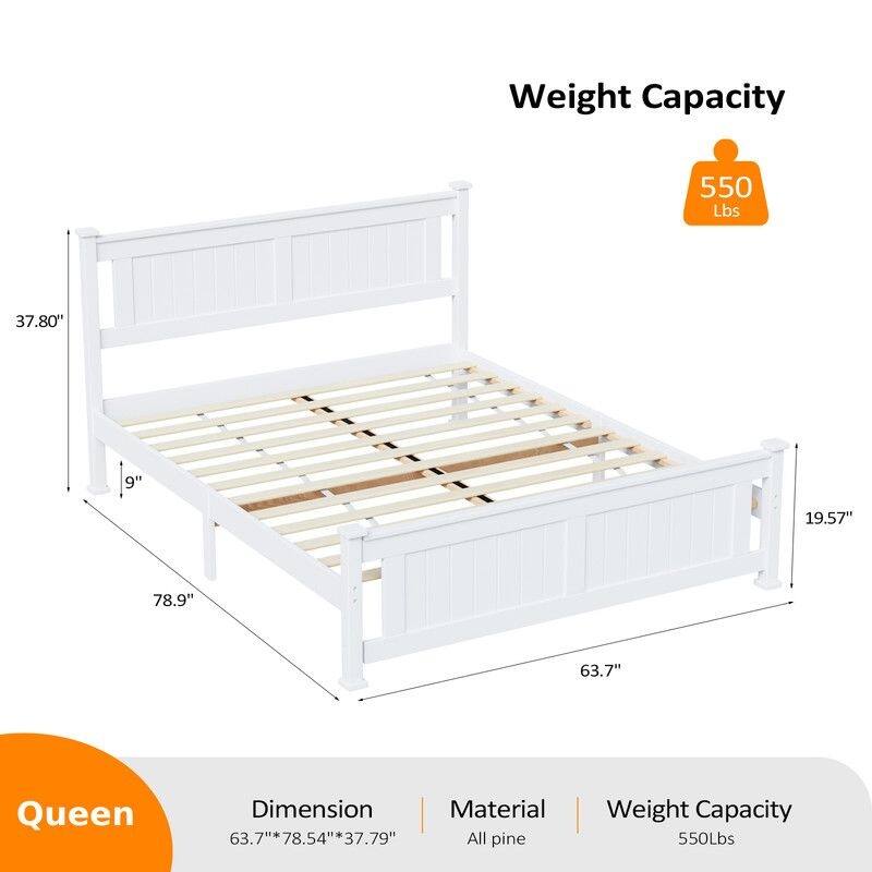 Wood Bed Frame Full Size Platform Bed with Headboard White