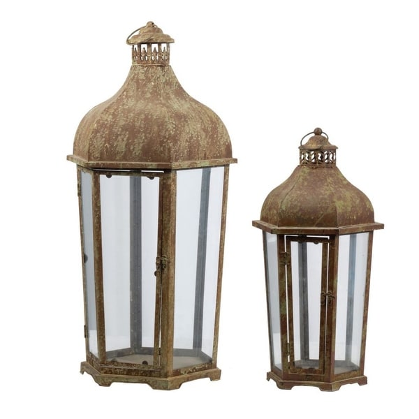 Set of 2 Brown and White Vintage Style Carriage Candle Lanterns 31.5" - N/A
