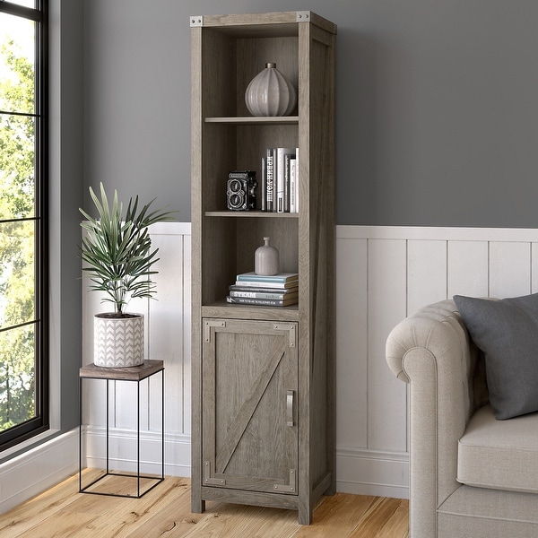 Narrow shelves with clearance doors