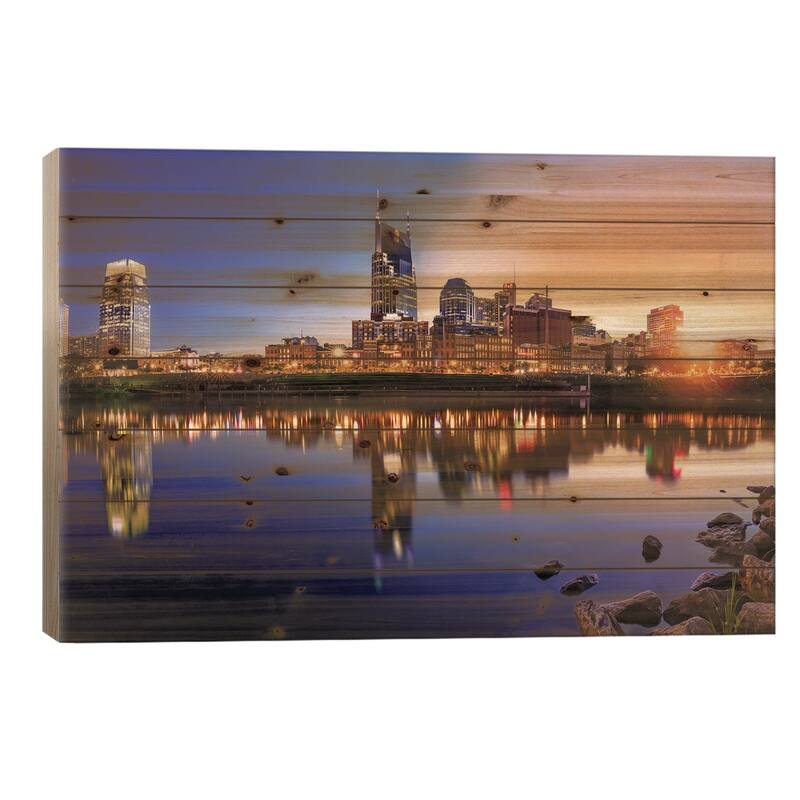 Sun Going Down On Nashville Print On Wood by Jonathan Ross Photography - Multi-Color - 18x26x1.5