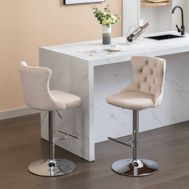 Swivel Velvet Barstools Set of 2 Adjustable Height Bar Stool with Chrome Base Modern Tufted Back Bar Stool