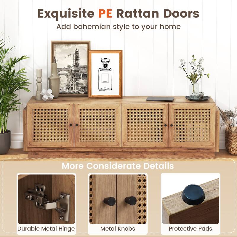 Gymax 4-Door PE Rattan Media Console Table Farmhouse TV Stand for TVs