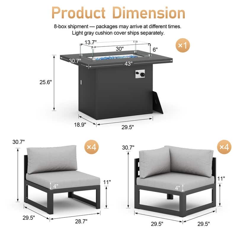 FINCATI 9 Piece Extra-large Outdoor Furniture Aluminum Patio Set with Propane/Natural Gas Firepit Table