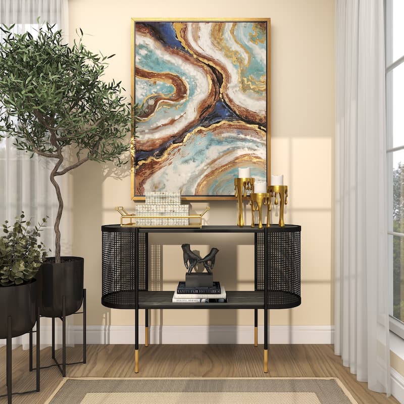 Black Metal Mesh Side Panel 1 Shelf Console Table with Open Center Storage