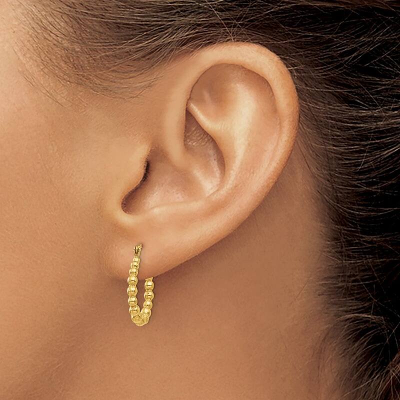 Curata 14k Yellow Gold 3x18mm Textured Polished Beaded Hoop Earrings