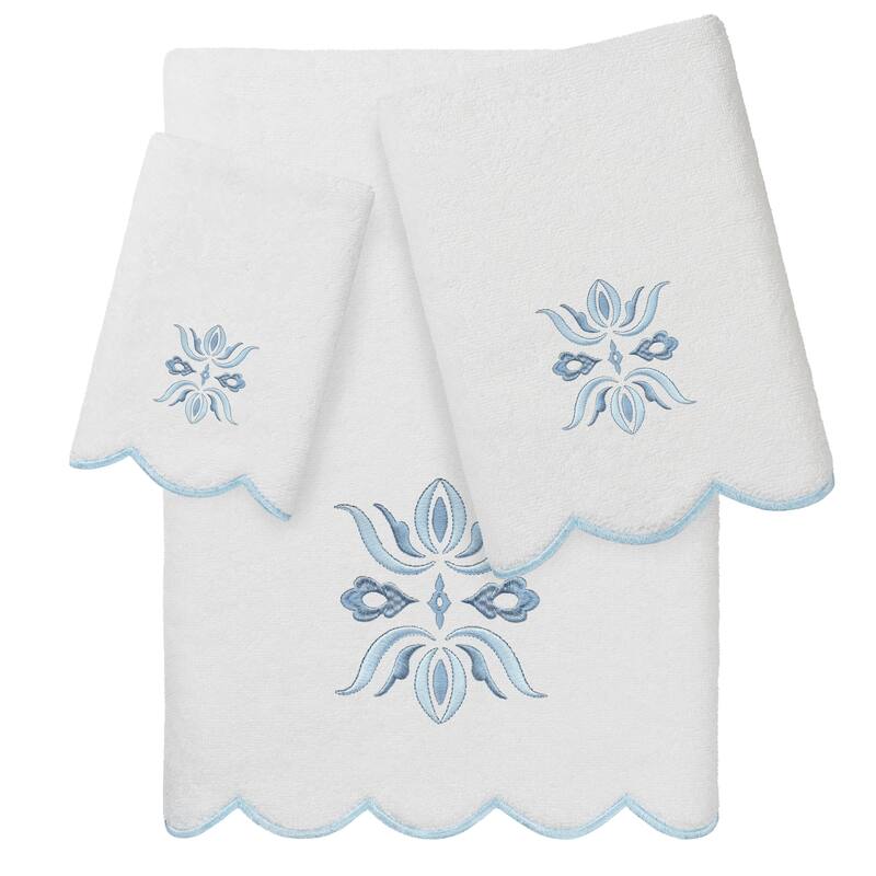 Authentic Hotel and Spa 100% Turkish Cotton FLOWER CREST Scallop Towel Collection - White/Blue - 3 Piece Set