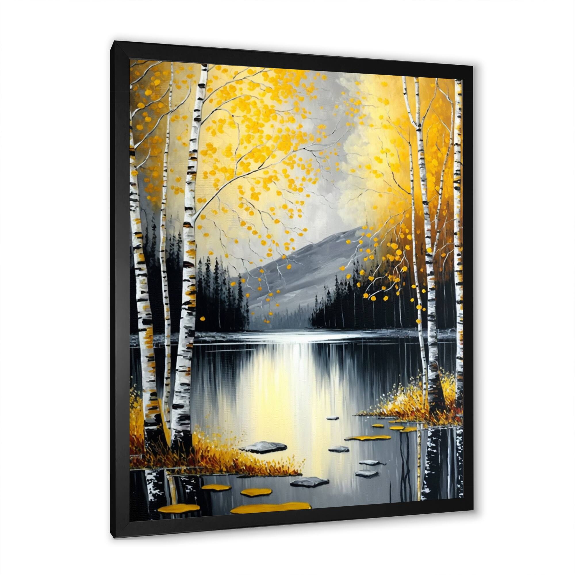 Designart "Monochrome Golden Birch Trees By The Lake I" Landscape