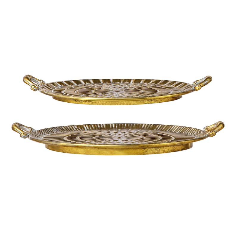 Glitzhome 17"/19"L Vintage Round Metal Gold Embossed Decorative Trays with Handles Set of 2