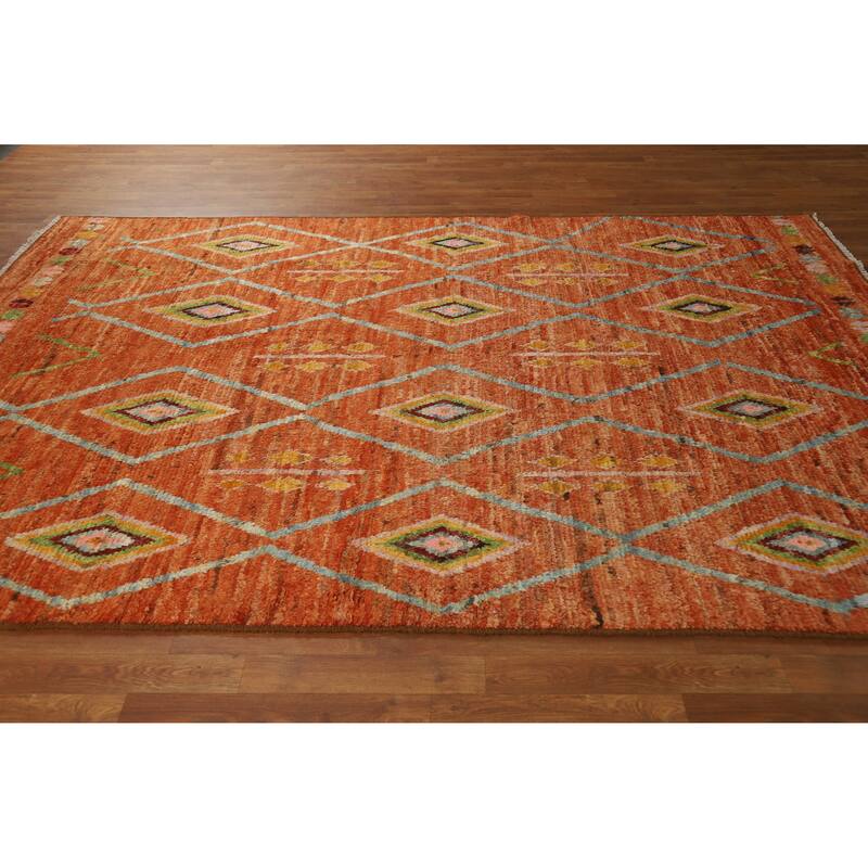 Orange Geometric Moroccan Oriental Area Rug Handmade Wool Carpet - 6'6" x 9'8"