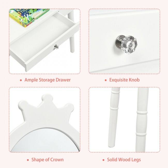 Young Princess Wooden Makeup Vanity Table Set with Padded Stool-White - 27.5" x 13.5" x 40"(L x W x H)