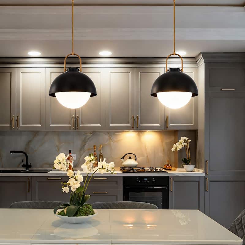 1-Light Matte Black Finish Modern Pendant Light Fixture with Opal Glass Shade for Dining Room or Kitchen Island