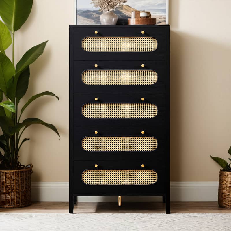 Moasis 5 Drawer Rattan Dresser - Black - 5-drawer
