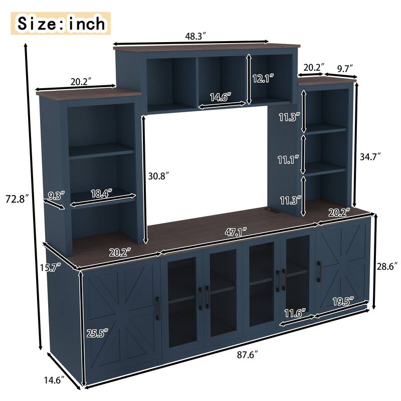 Modern 87.6" Wall Unit Entertainment Center with Bookshelves for TVs up to 55", TV Stand Media Console with Charging Station