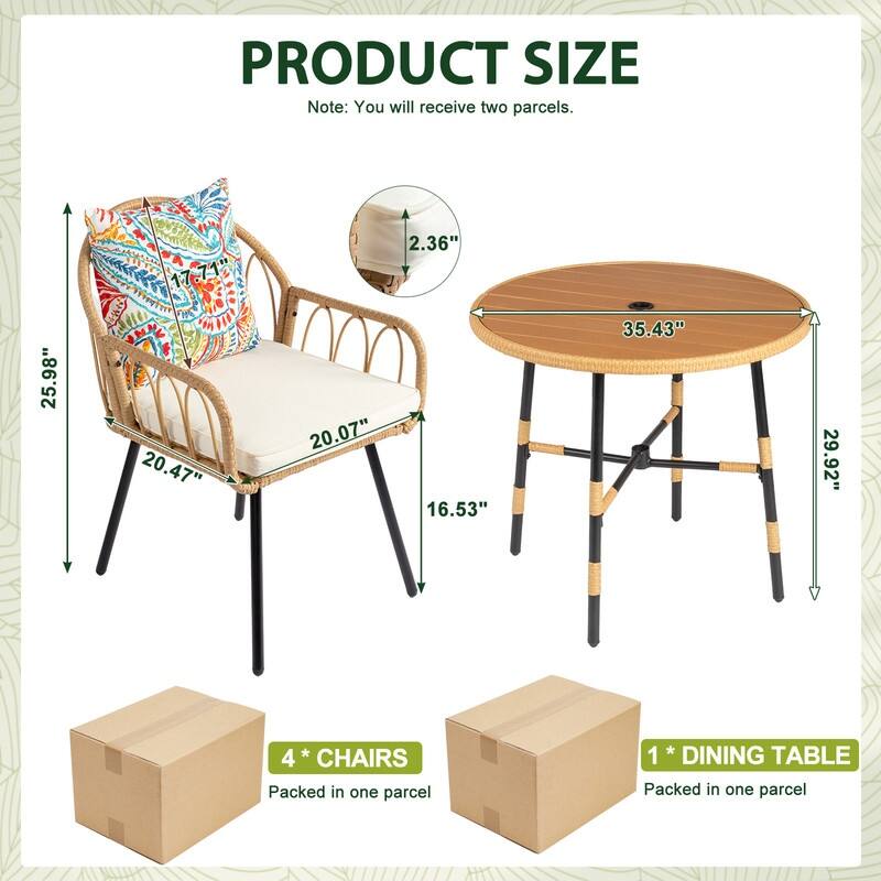 Modern Outdoor 5-Piece Wicker Dining Set with Thick Cushions & Umbrella Hole