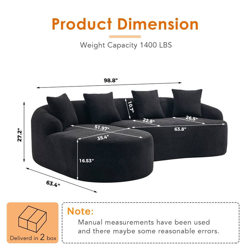 98.8" Boneless L-Shaped Sectional Sofa with Curved Chaise, Modular Chenille Compression Couch with 30D Foam for Living Room