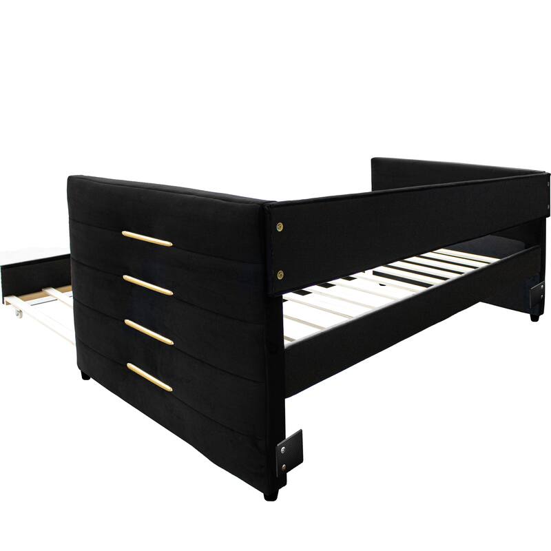 Modern Twin Size Daybed with Trundle, Upholstered Black Velvet Sofa Bed Frame with Gold Accents, Space-Saving Guest Bed