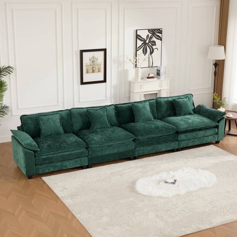 4 Seater Sectional Sofa Chenille Modular Deep Seat Couch with Armrest Pillows and Double Layer Seat Cushions for Living Room - Green