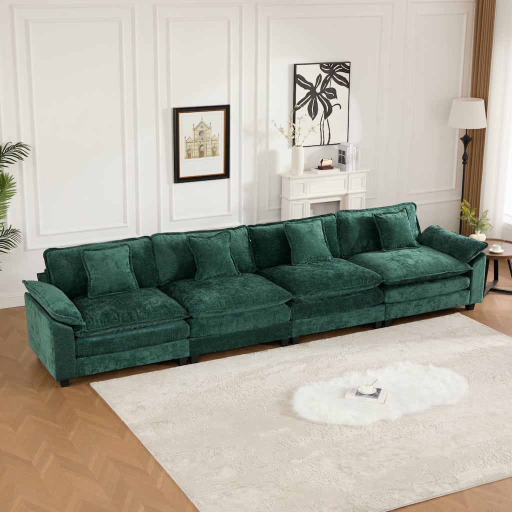 4 Seater Sectional Sofa Chenille Modular Deep Seat Couch with Armrest Pillows and Double Layer Seat Cushions for Living Room