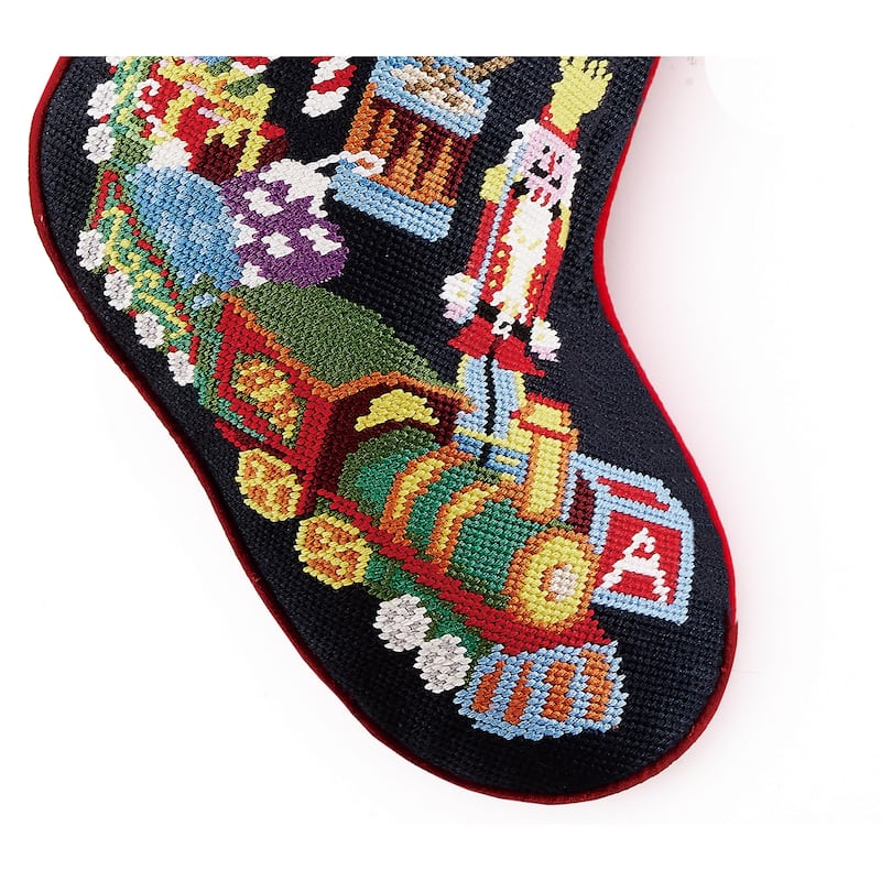 Toy Train Embroidered Needlepoint Stocking