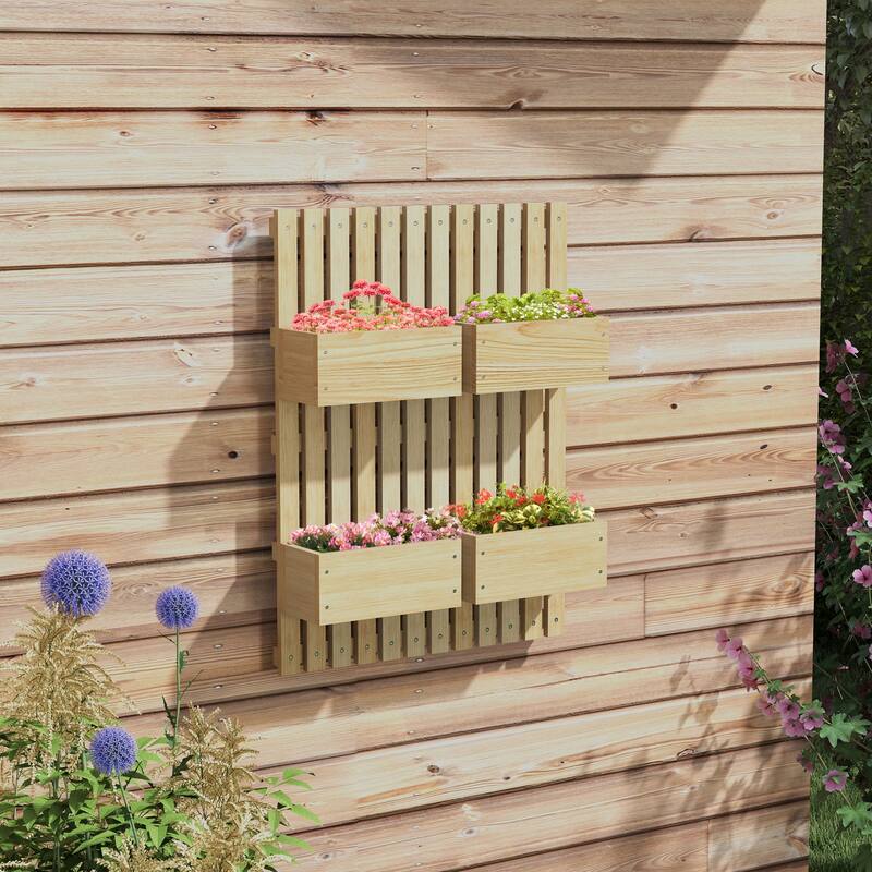 Outsunny 4 Box Raised Garden Bed with Trellis for Vine Flowers & Climbing Plants