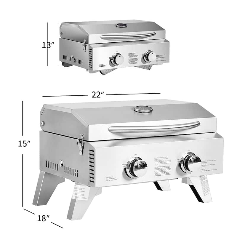 Portable Gas Grill with 2 Burner Folding Legs Built in Thermometer