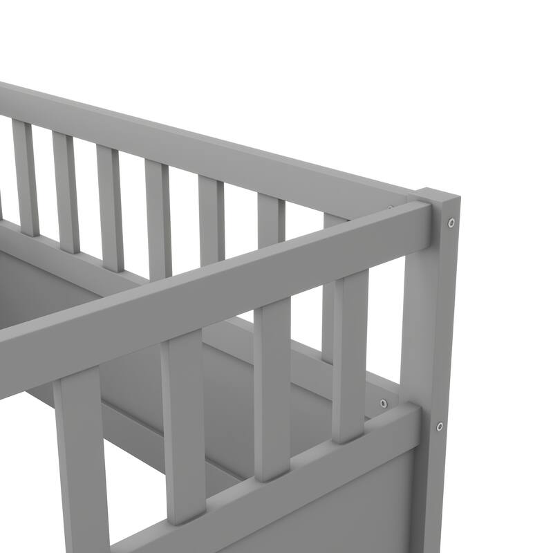 Twin Size Floor Bed Frame with High Security Fence, Pine Wooden Bed Frame, Safe and Stylish for Kids, Children Floor Bed
