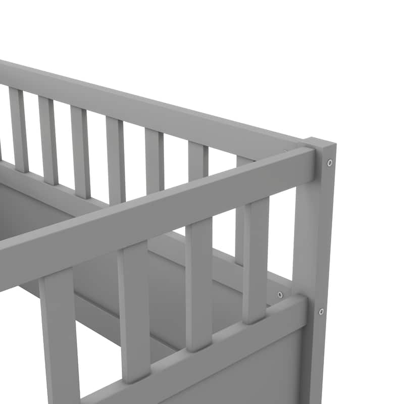 Twin Size Pine Wood Floor Bed, Integral Construction with Super High Security Barrier, Door, Children's Floor Bed Frame