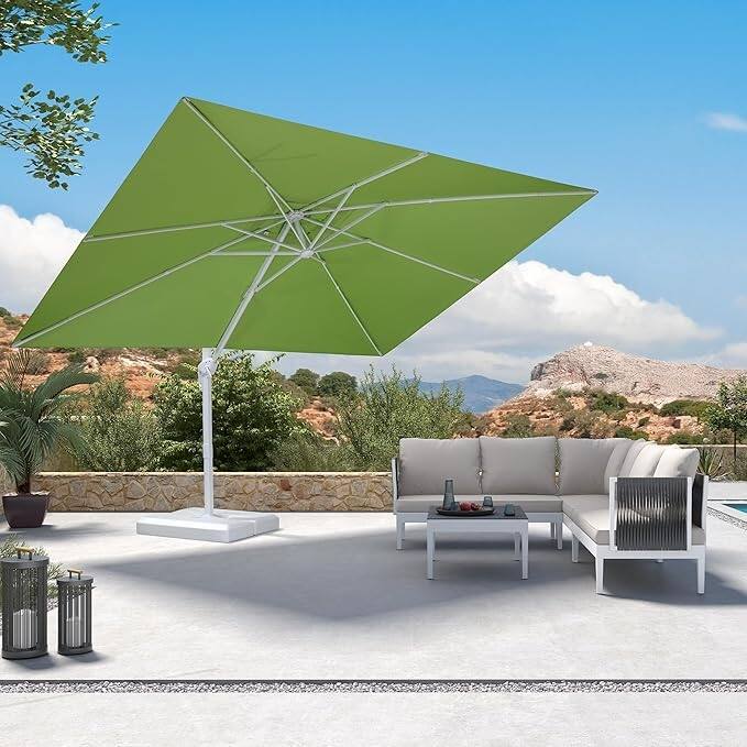 PURPLE LEAF White Rectangle Cantilever Patio Umbrella With Base - 9x11ft Green