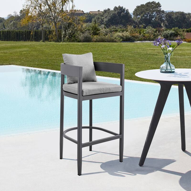 Menorca Outdoor Patio Counter or Bar Height Bar Stool in Aluminum with Grey Cushions - Bar Height