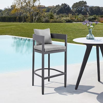 Menorca Outdoor Patio Counter or Bar Height Bar Stool in Aluminum with Grey Cushions