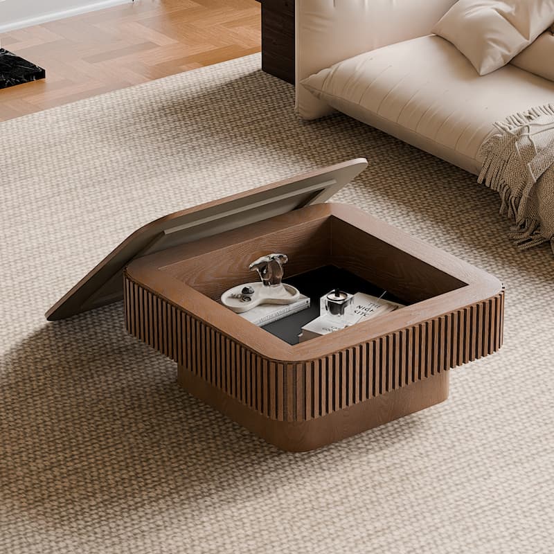 Modern 31.5" Square Coffee Table with Storage Solid Wood Veneered Accent Table for Living Room or Bedroom