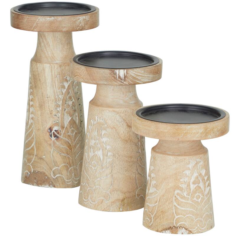 Brown or Dark Brown Mango Wood Tribal Pillar Candle Holder (Set of 3)