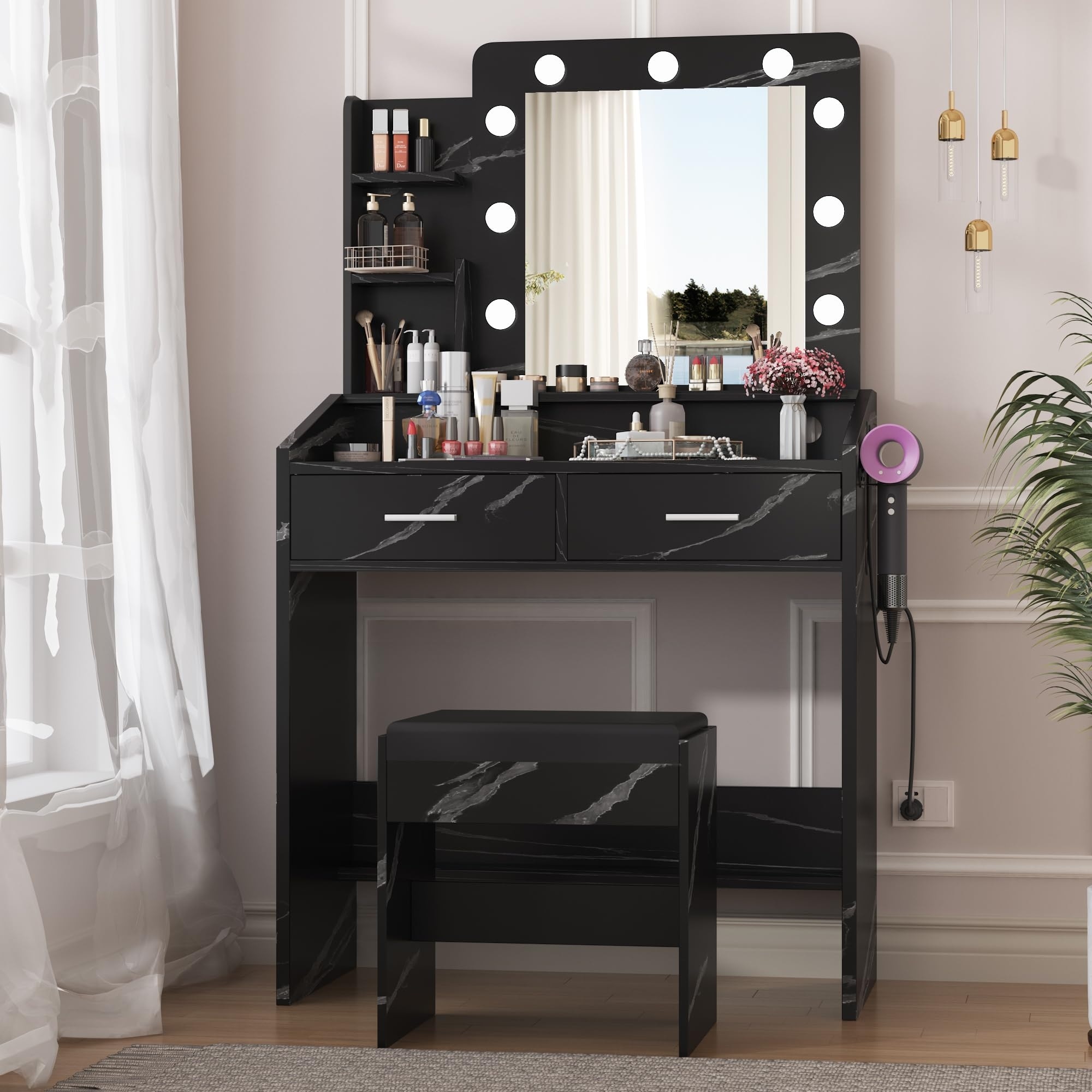 Modern LED-Lit Vanity Desk with Mirror & Cushioned Stool, Two-Drawer Storage