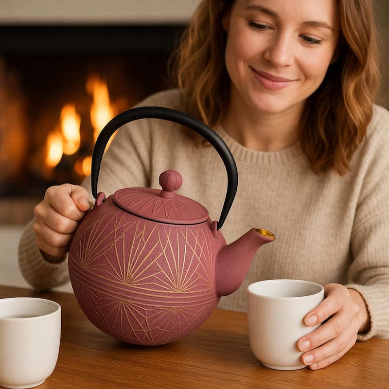 Creative Home 34 oz Cast Iron Tea Pot, New Gold and Purple Color,