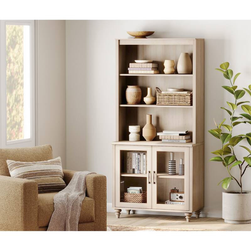 Light Beige Bookcase with Doors, Large Wood Farmhouse Book Case Shelf - 2 doors
