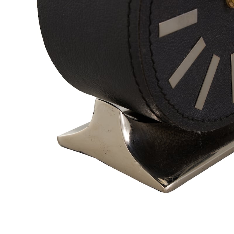 Faux Leather Round Decorative Clock with Gold Rectangular Base - Brown or Black - Roche River Decor