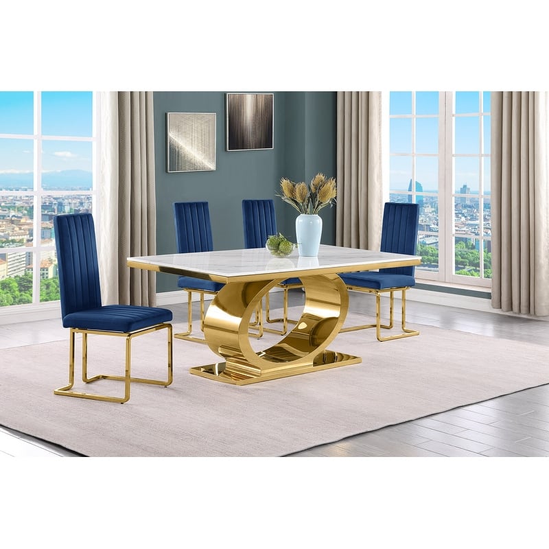 Best Quality Furniture D430/1-SC340-7 Dining Set with 68" White Marble Top - 5-Piece - Navy Blue / Gold