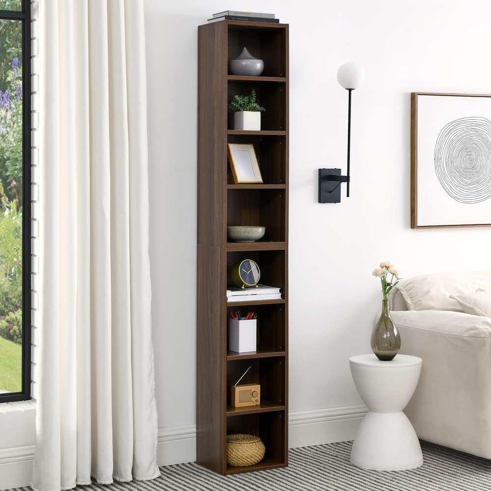 Roomfitters 8-Tier Tall Narrow Bookcase with Adjustable Shelves, Slim Storage Tower for Books, CDs, DVDs, and Décor