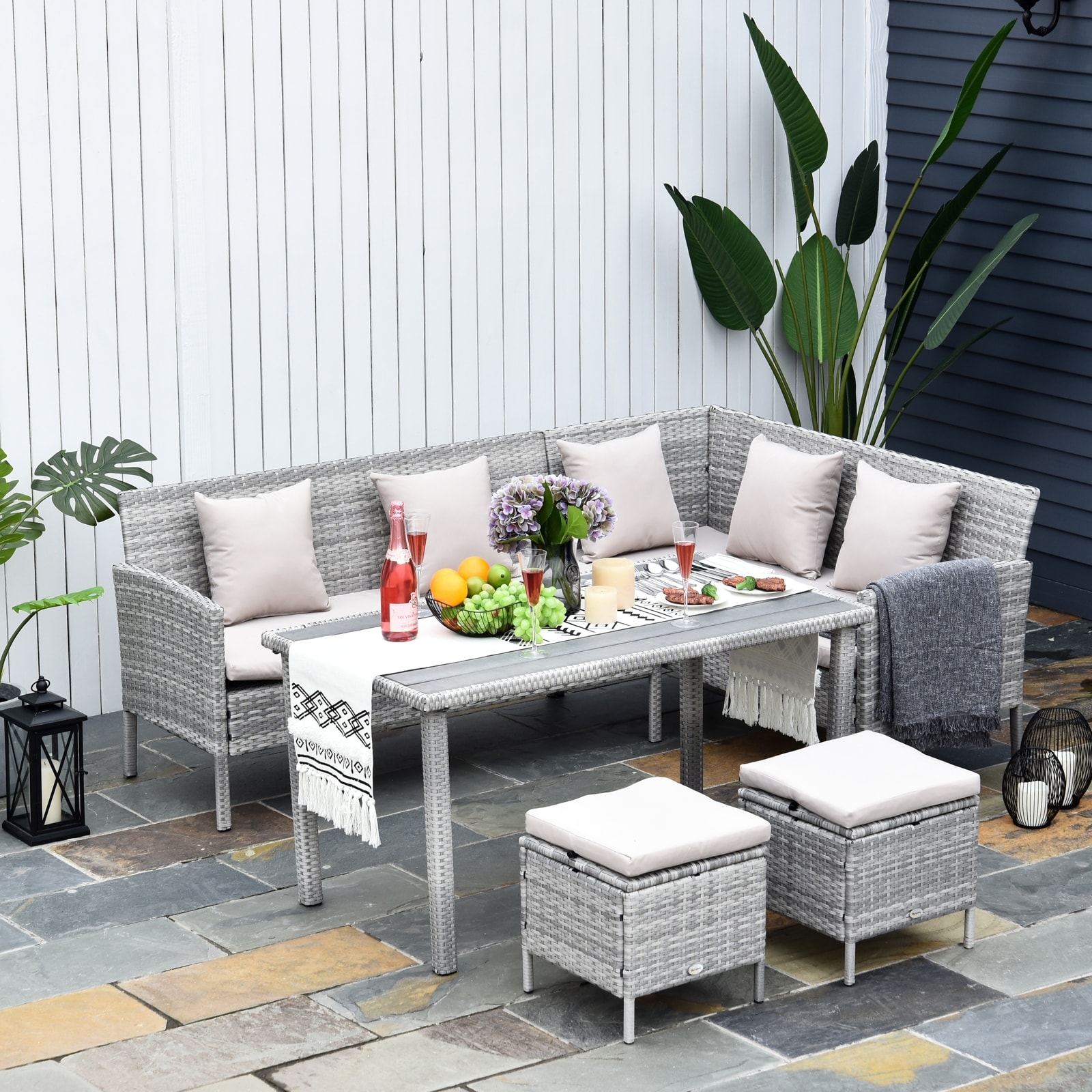 Brushed Mixed Gray Wicker Outdoor 5 Piece Furniture Set Patio Sectional Rattan Sofa Sets All Weather PE Wicker Couch Conversation Set with Table White Cushions