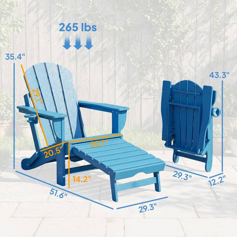 Outsunny Folding Adirondack Chair Set of 2, Outdoor HDPE Fire Pit Chair with Retractable Ottoman