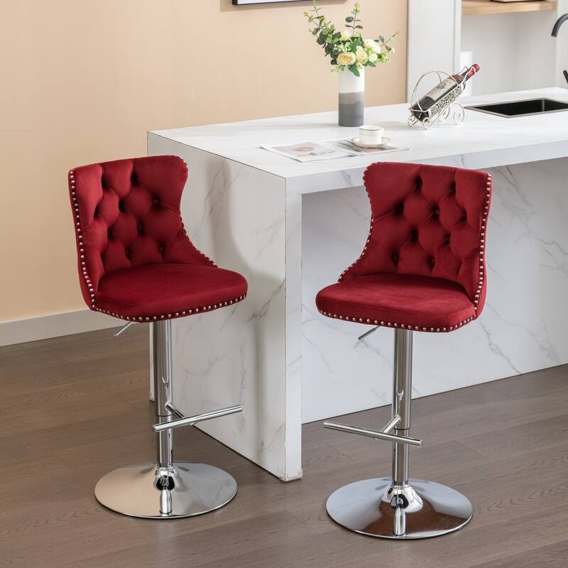 Swivel Velvet Barstools Adjusatble Seat Height from 25-33 Inch, Modern Upholstered Chrome base Bar Stools with Tufted Backs - Burgundy
