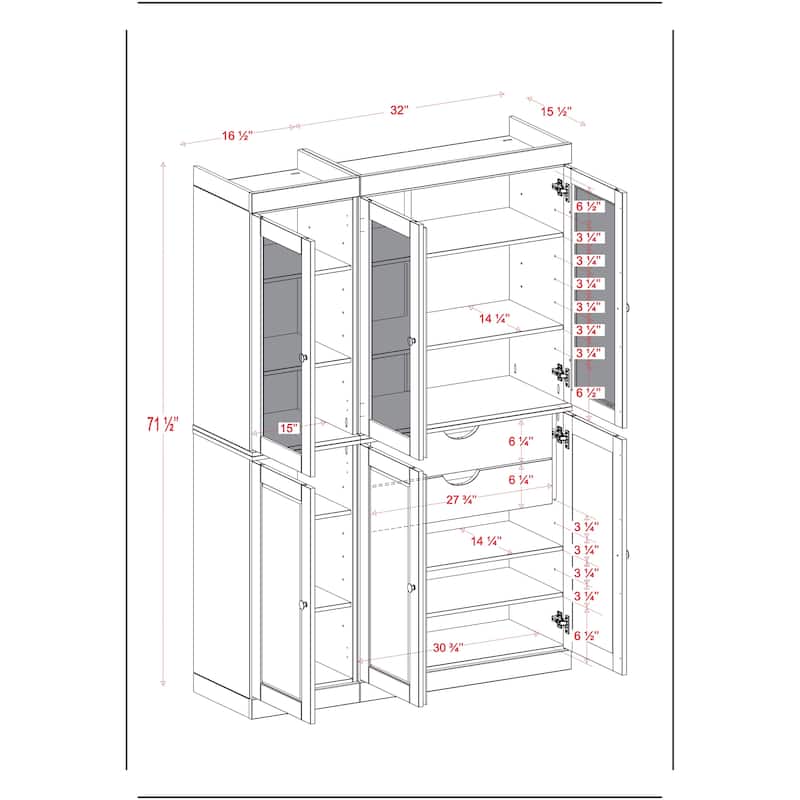 Palace Imports 100% Solid Wood 48.5" Pantry China Cabinet with Frosted Glass, Solid Wood Doors and 2-Drawers