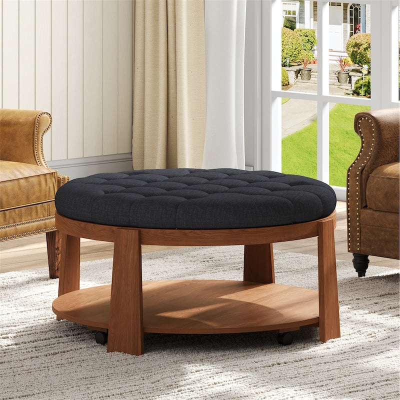 Modern Large Round Ottoman Coffee Table 2-Tier Oversized Button Tufted Ottoman with Wood Shelf Storage Upholstered Coffee Table - Black+Brown