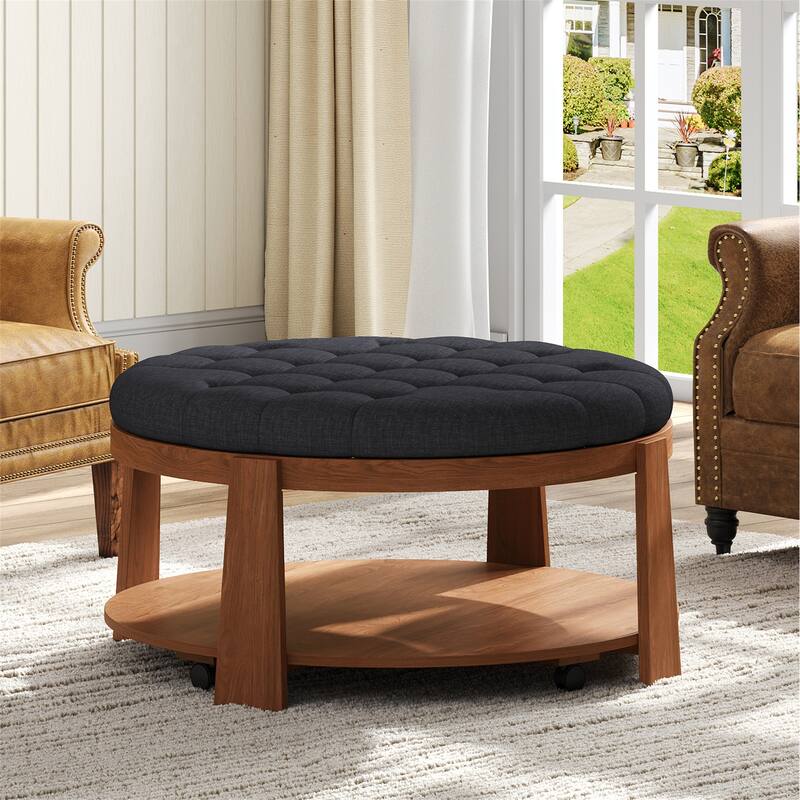 Modern Round Ottoman Coffee Table with Wood Shelf Storage Upholstered Coffee Table for Living Room Footrest Ottoman with wheel