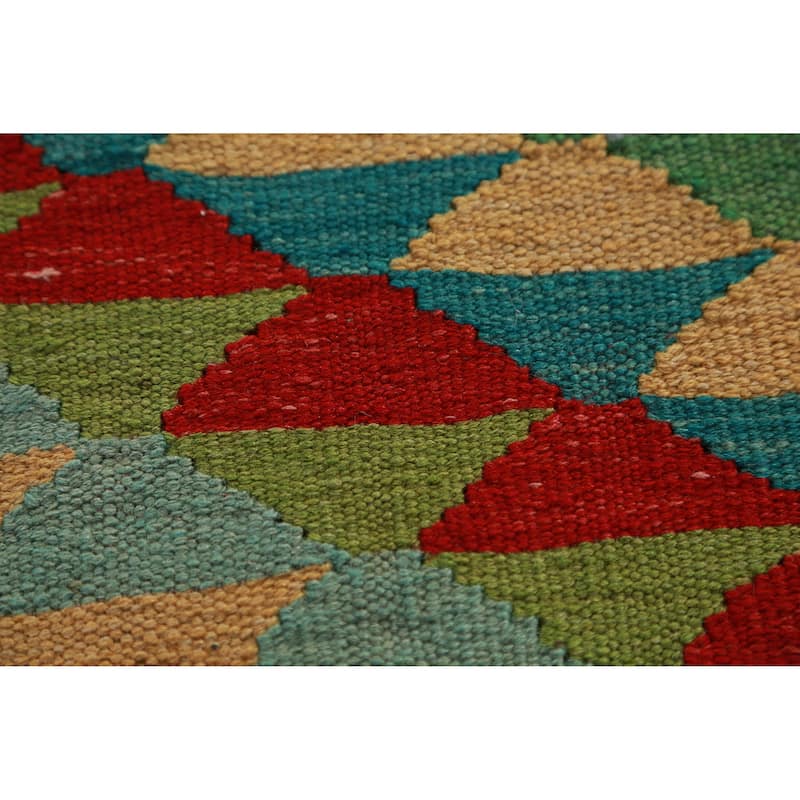 Hand Woven Oriental 100% Wool Carpet Southwestern Geometric Multi-Colored Kilim Runner Rug - 13' 0'' X 2' 8''