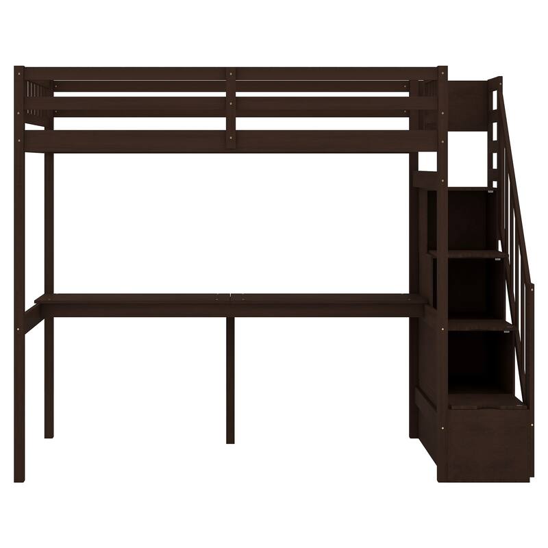 Twin Size Loft Bed with Storage Staircase and Built-in Desk, Space-Saving Solid Wood Twin Bed Frame with Full-Length Guardrail