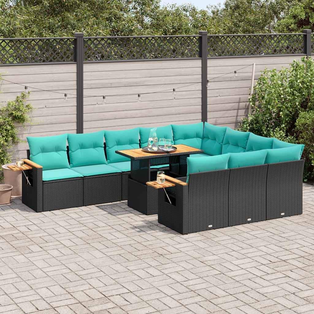 vidaXL Patio Sofa Set with Cushions Seat Modules 11 Piece Poly Rattan Acacia - 24.4 x 24.4 x 27.2
