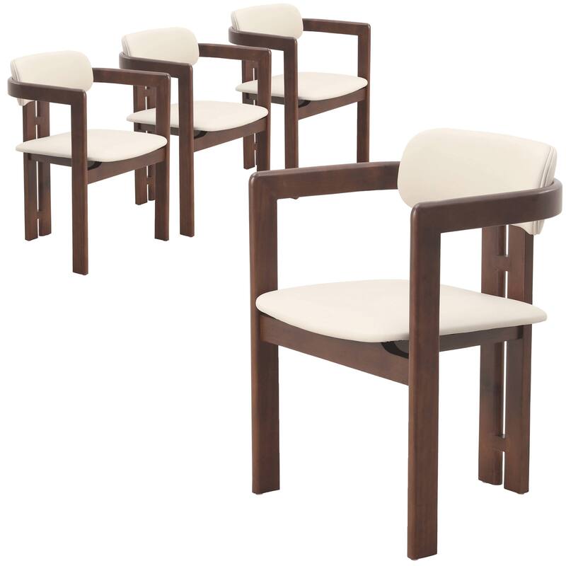 Dining Chairs Upholstered Leather Seats in Rubberwood Set of 4 Arm Chairs Open Back Design - Walnut